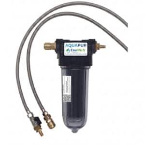 Kit complet de purification d'eau Aquapur par Eaulife avec filtre sous évier transparent, cartouche de charbon actif et deux flexibles de raccordement en inox.