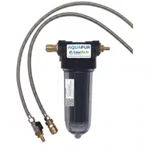 Kit complet de purification d'eau Aquapur par Eaulife avec filtre sous évier transparent, cartouche de charbon actif et deux flexibles de raccordement en inox.