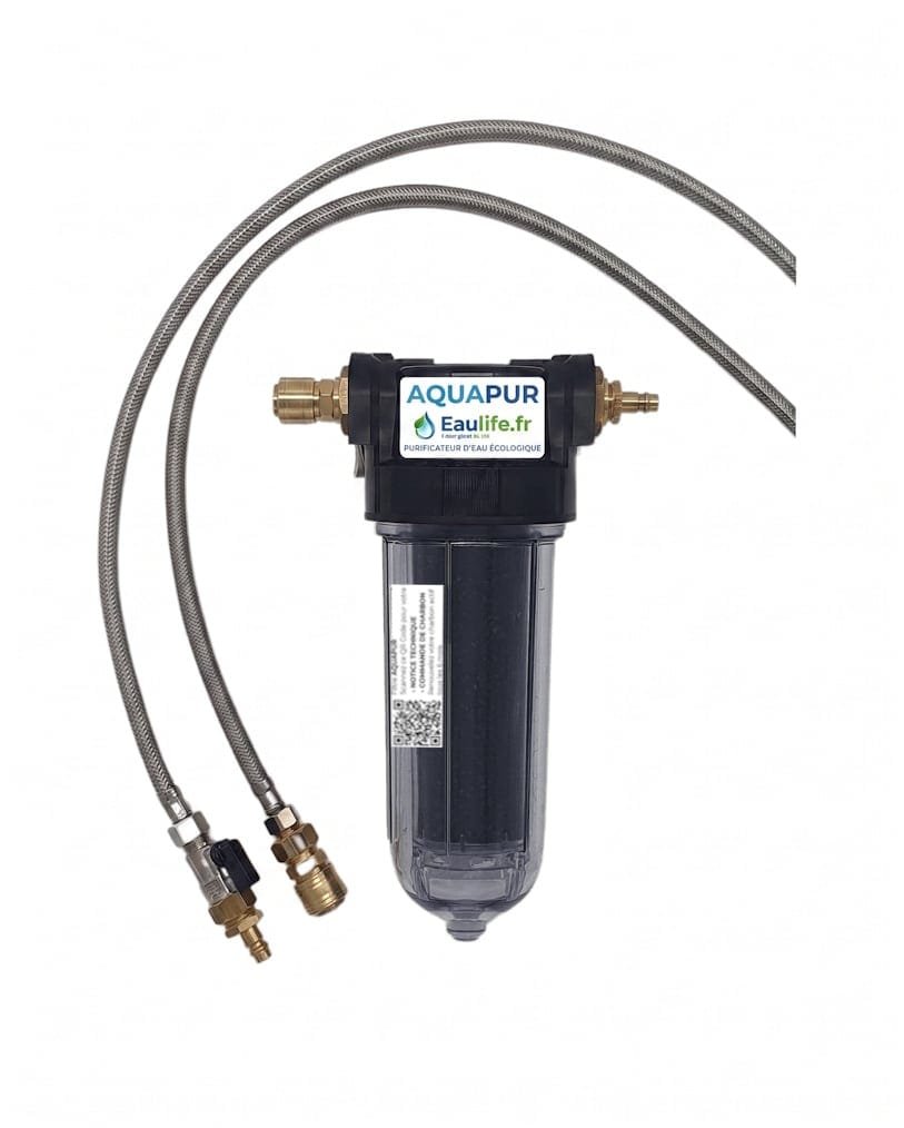 Kit complet de purification d'eau Aquapur par Eaulife avec filtre sous évier transparent, cartouche de charbon actif et deux flexibles de raccordement en inox.