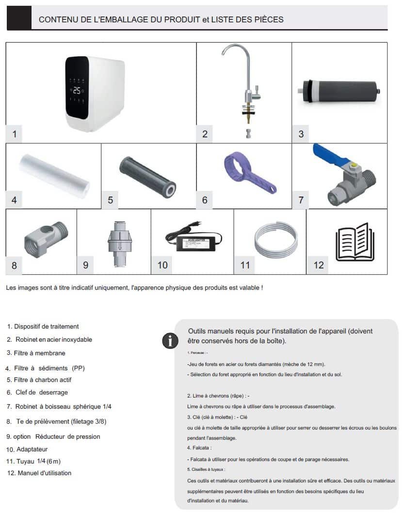 Schéma détaillé des pièces incluses dans l'emballage de l'osmoseur PALLAS PLUS IRIS : dispositif de traitement, robinet inox, filtres, tuyauterie et manuel d'utilisation.