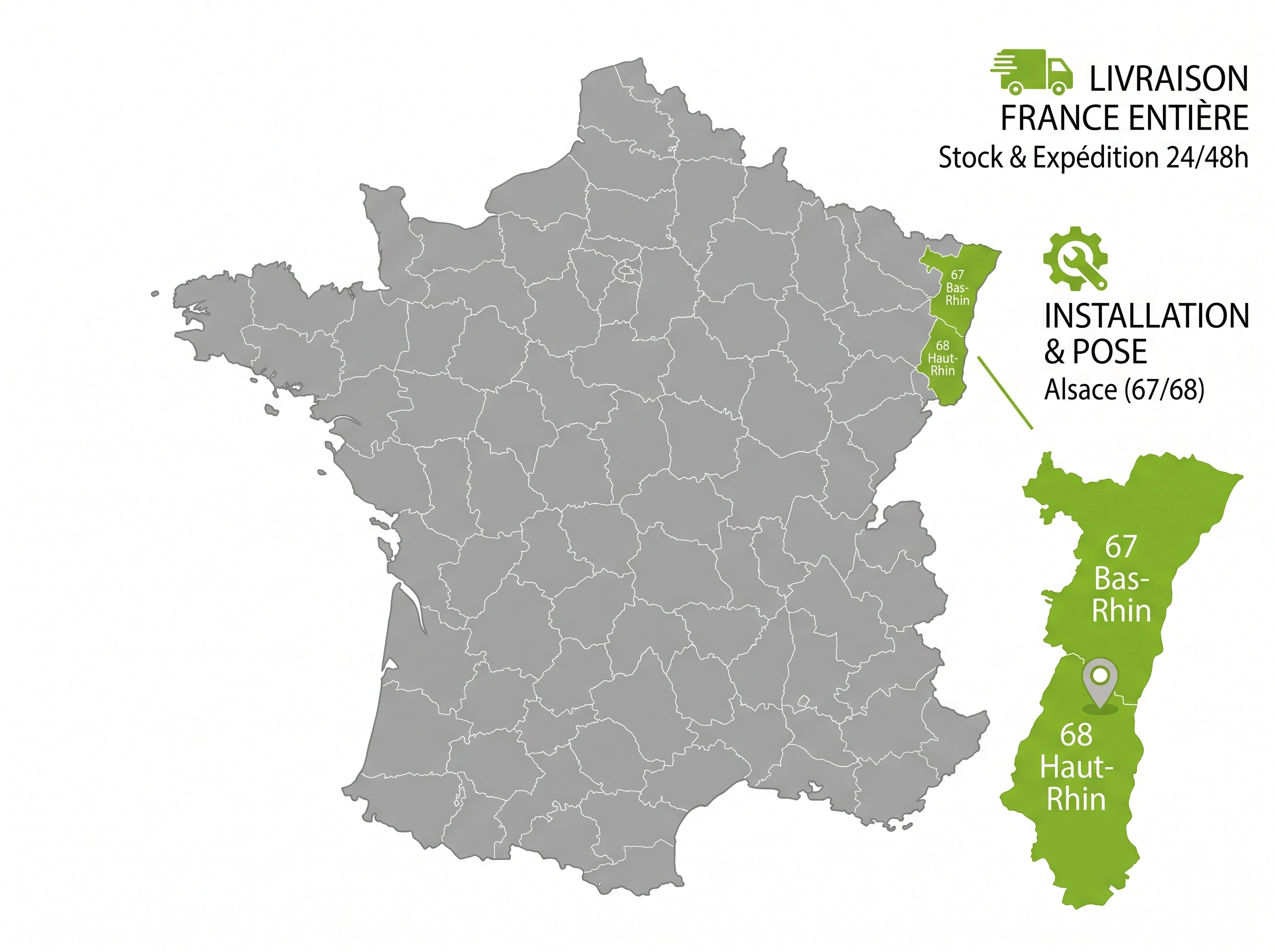Carte de livraison France entière et service d'installation et pose en Alsace Bas-Rhin 67 et Haut-Rhin 68 Eaulife